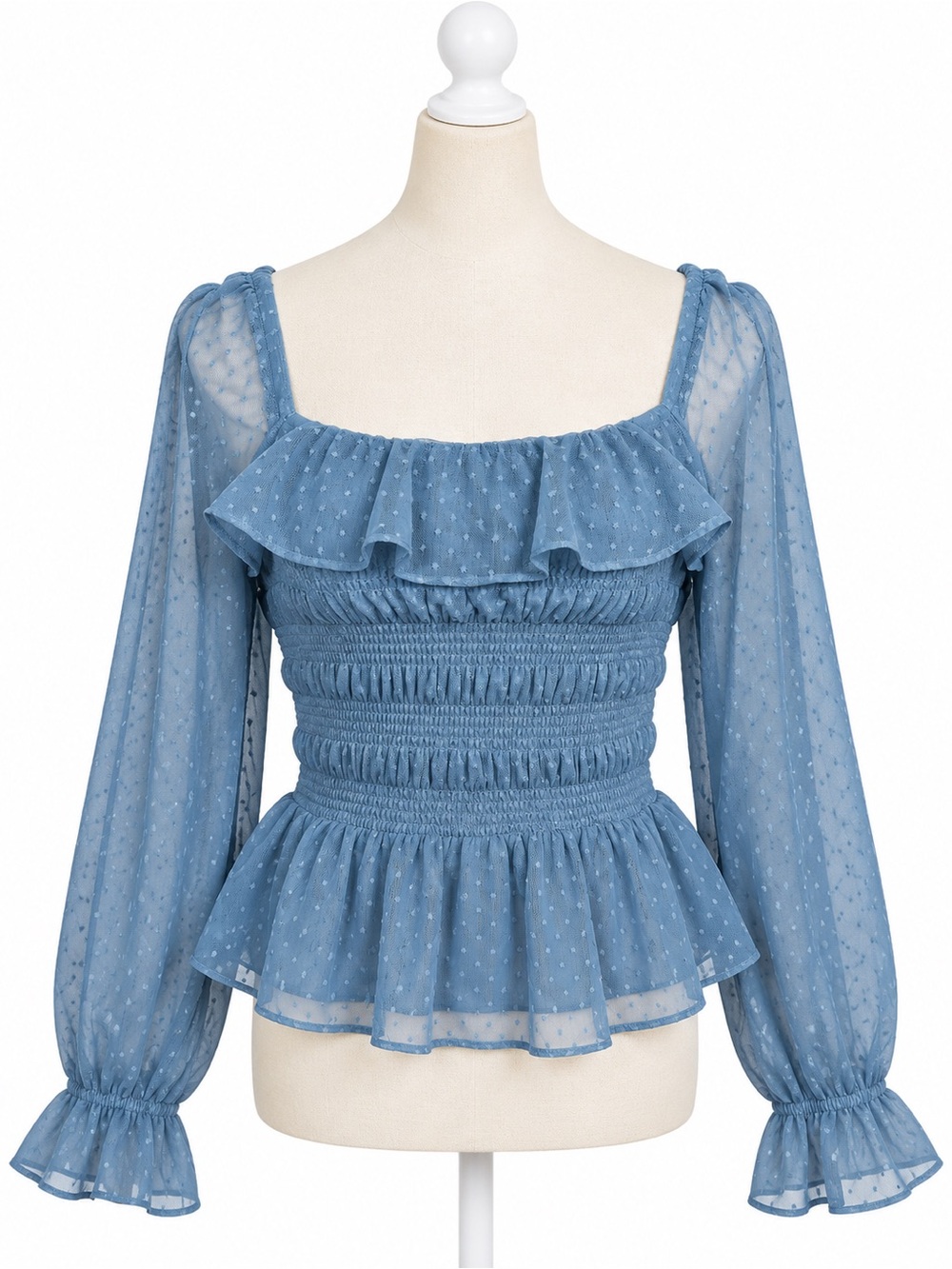 LC Lauren Conrad Dusty Blue Swiss Dot Ruffled Peplum Blouse